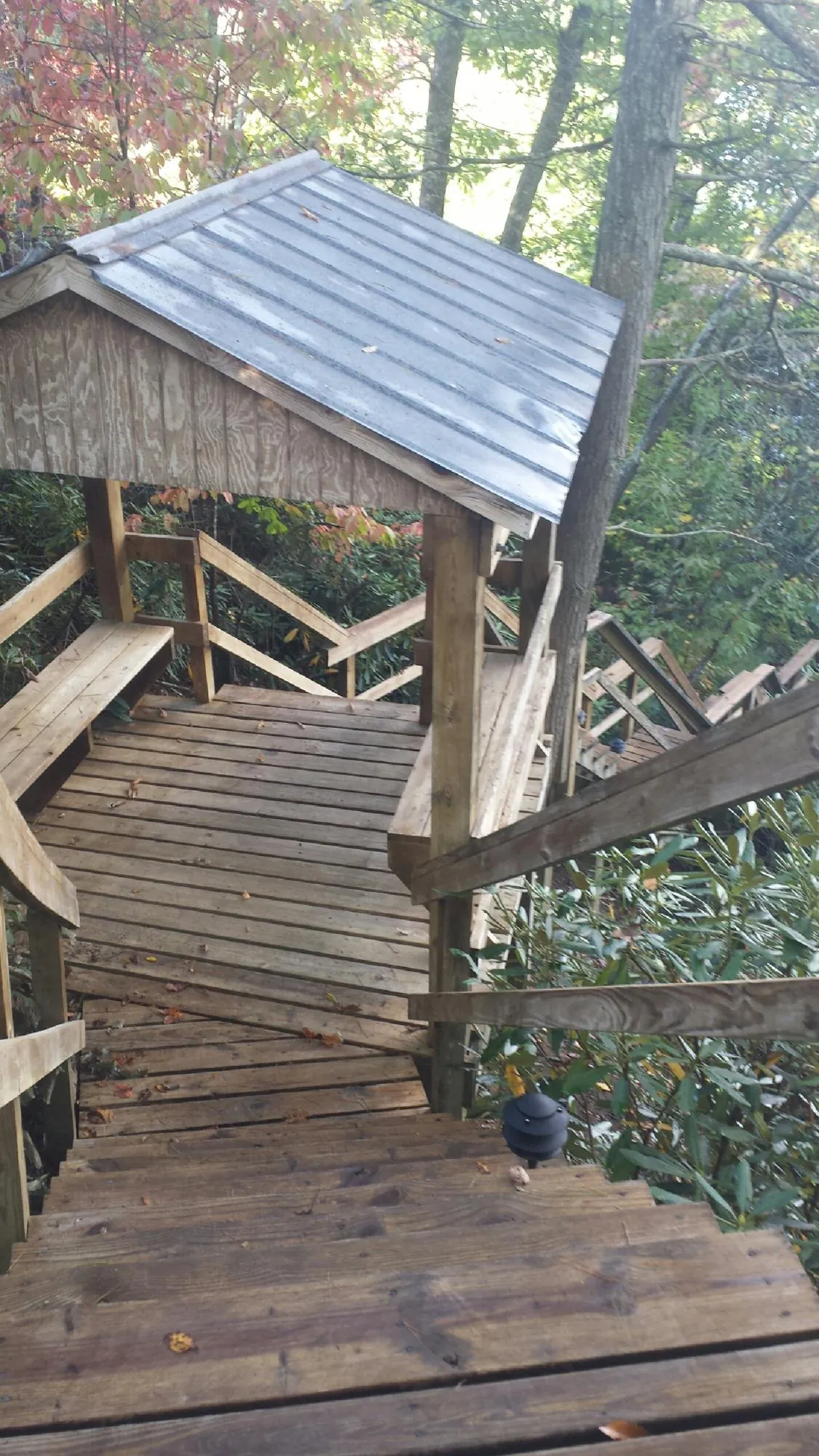 Metal roofed shelter over wooden steps on a wooded walkway — Skylight Repair & Installation work by our crew in Max